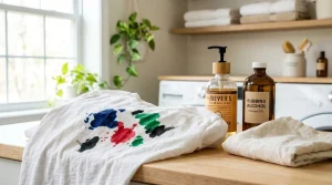 Acrylic marker stain removal on cotton shirt fabric with rubbing alcohol and gentle cleaning supplies