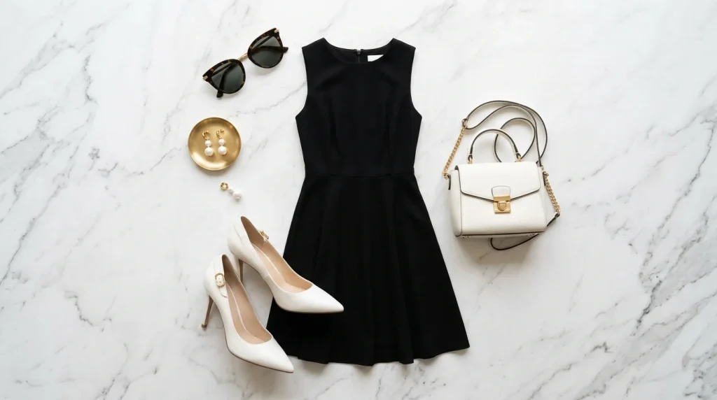 Little black dress flat lay styled with white pearl drop earrings, handbag, and stiletto heels