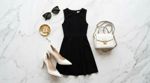 Little black dress flat lay styled with white pearl drop earrings, handbag, and stiletto heels