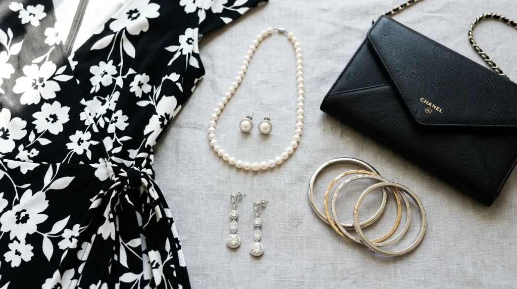 Black and white dress styling accessories flat lay with pearl necklace, earrings, clutch, and bangles