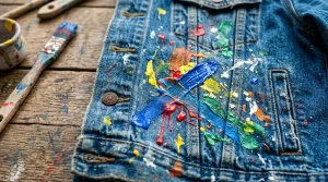 Colorful acrylic paint splatters and artistic strokes on a vintage denim jacket