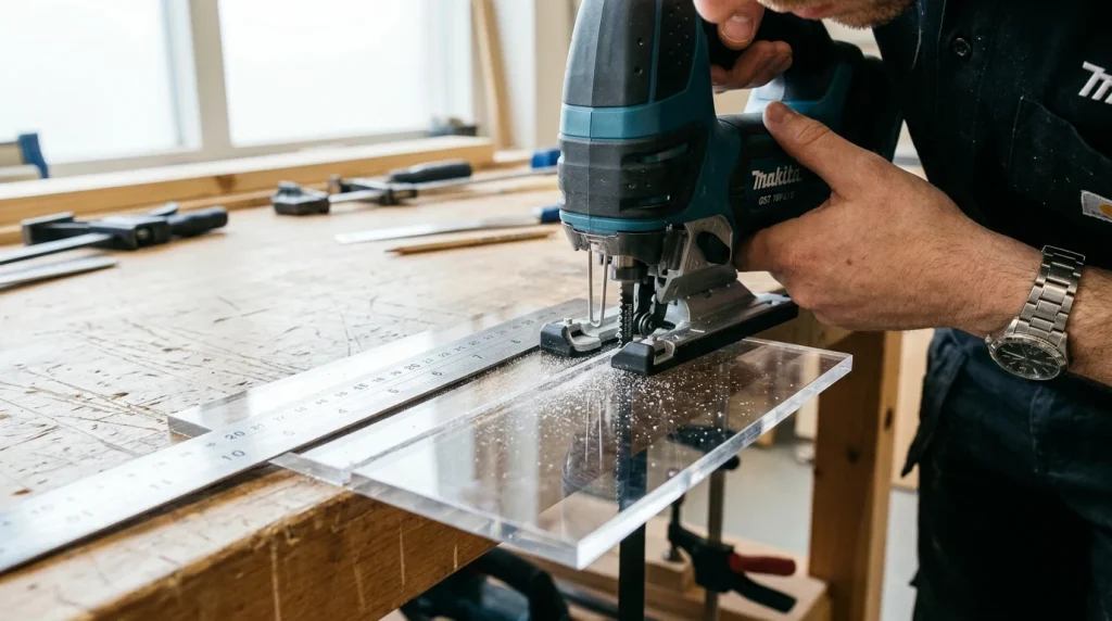Workshop view of cutting clear acrylic sheet with specialized fine tooth saw blade