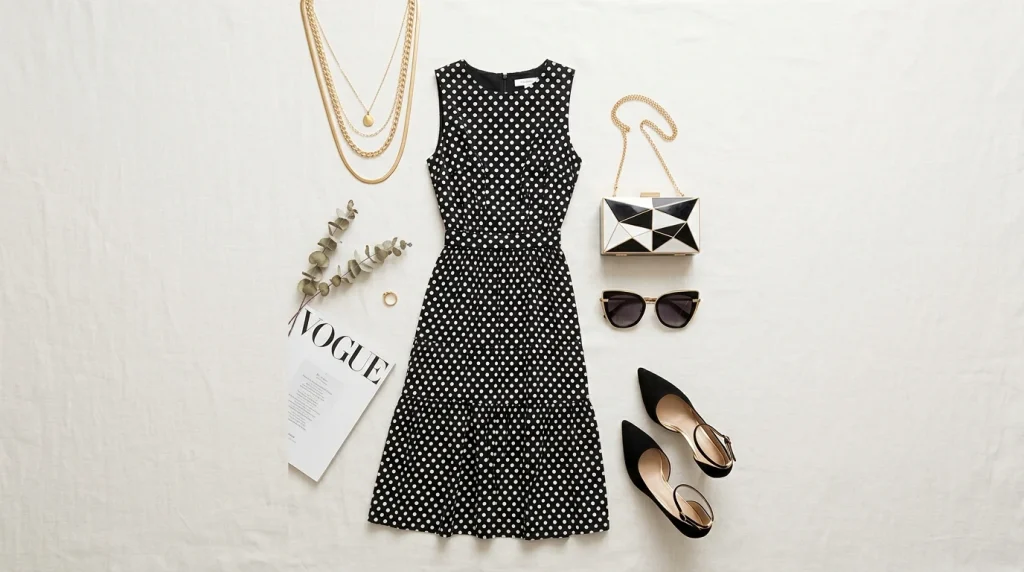 Fashion flat lay with polka dot black and white dress, gold chains, geometric clutch, and pumps