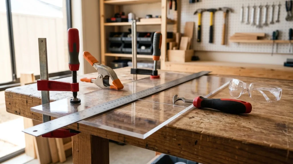 DIY workshop table with clamped acrylic sheet, scoring tool, and metal straightedge
