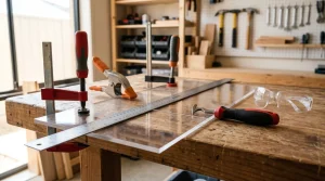 DIY workshop table with clamped acrylic sheet, scoring tool, and metal straightedge
