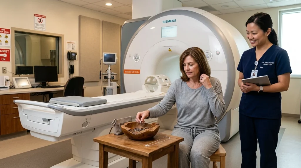 Patient removing silver necklace and metal rings into jewelry bowl in radiology MRI suite