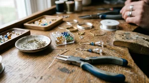 MissJ.eu | Jewelry Care, DIY Tutorials & Style Guide 7 Close up jewelry making workbench with silver head pins, round nose pliers, and crystal beads