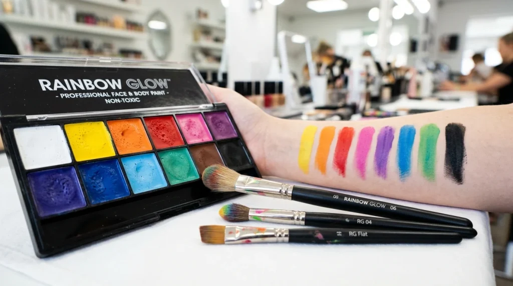 Cosmetic grade face paint palette with soft makeup brushes and safe color swatches