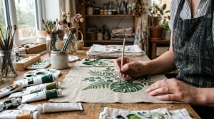 MissJ.eu | Jewelry Care, DIY Tutorials & Style Guide 5 Artist hand painting green botanical leaves on linen cloth with acrylic paint tubes