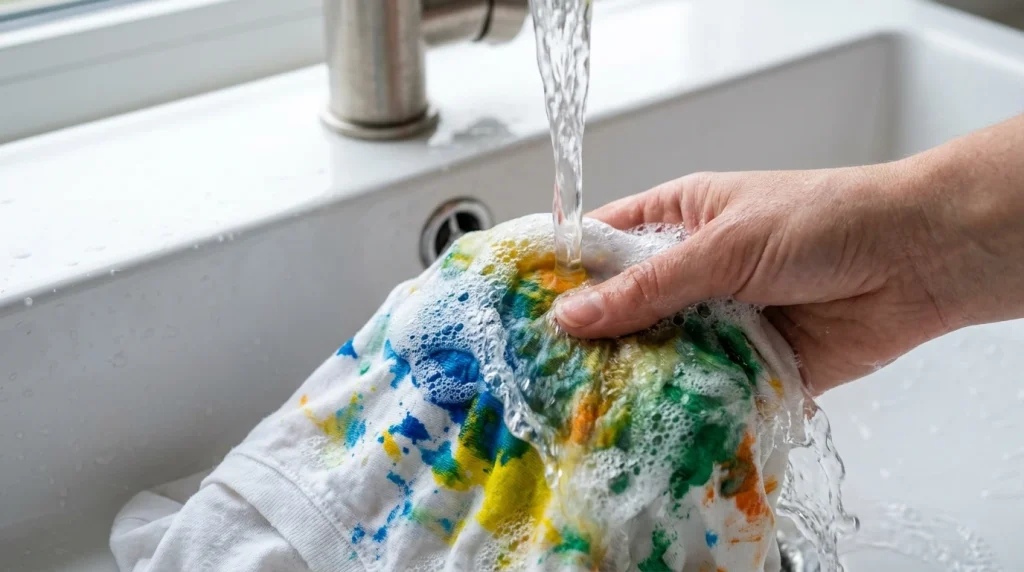 Washing paint-stained cotton shirt under running tap water in ceramic sink with soap