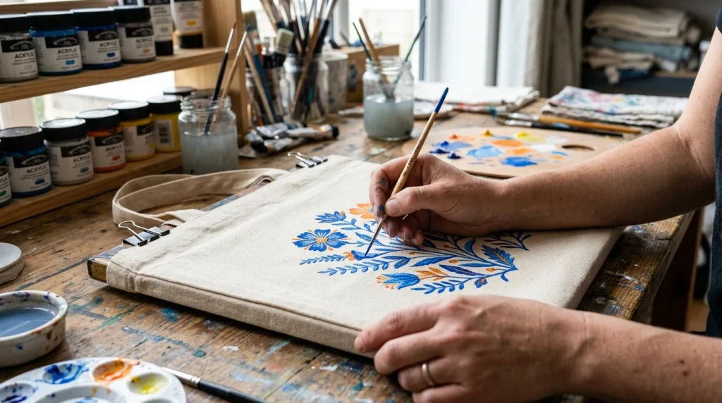 Artist applying thinned vibrant acrylic paint onto stretched natural canvas tote bag