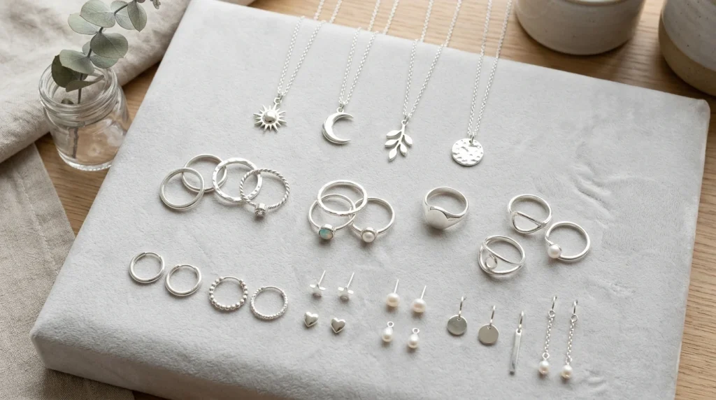 Affordable sterling silver jewelry flat lay with rings, earrings, and pendants
