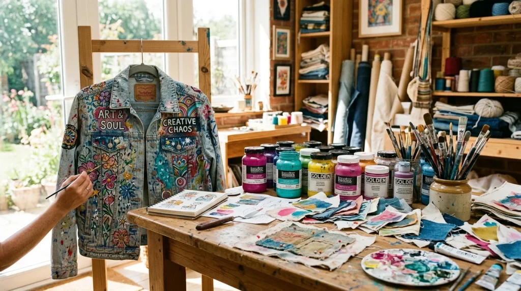 Artist studio with customized painted denim jacket and acrylic paint supplies