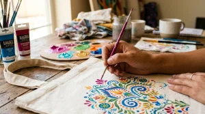 Artist painting intricate patterns on fabric canvas tote bag with acrylic paint
