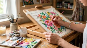 MissJ.eu | Jewelry Care, DIY Tutorials & Style Guide 5 Artist hand painting floral pattern with acrylic colors on fabric canvas