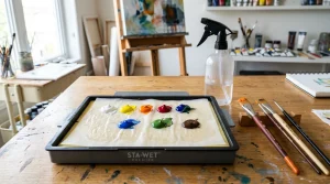 MissJ.eu | Jewelry Care, DIY Tutorials & Style Guide 7 Stay-wet palette setup with acrylic paint blobs and fine mist water spray bottle