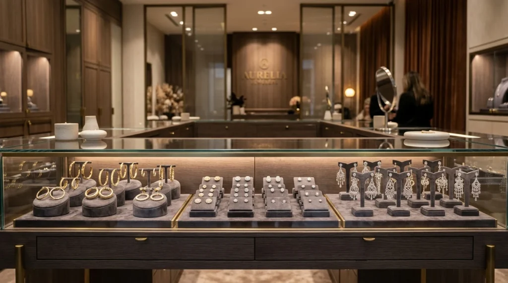 Luxury jewelry boutique counter display showing velvet stands with gold, diamond, and silver earrings