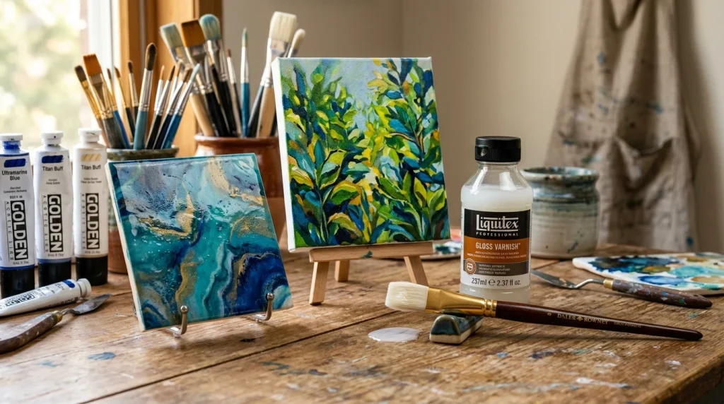 How long should acrylic paint dry before sealing ceramic and canvas